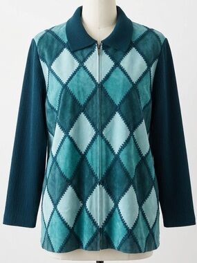 Vintage Teal Suede Argyle Patchwork Jacket Linea by Louis Dell'Olio Size 1X